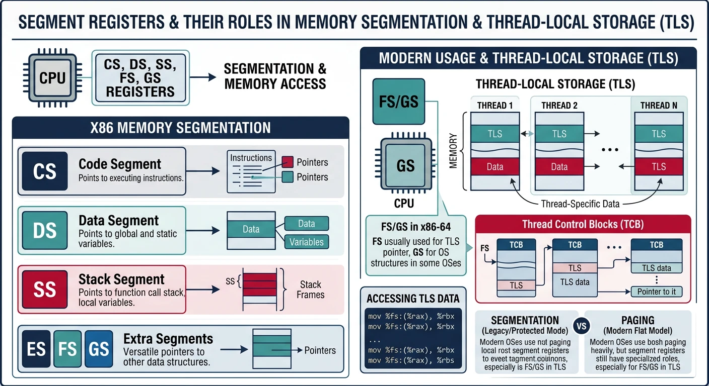 Segment registers CS, DS, SS, FS, GS and their roles in memory segmentation and thread-local storage