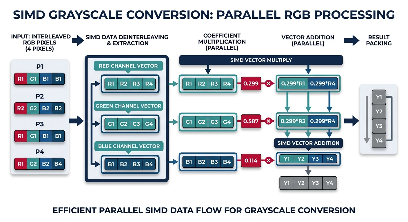 SIMD grayscale conversion showing parallel RGB channel extraction, coefficient multiplication, and result packing