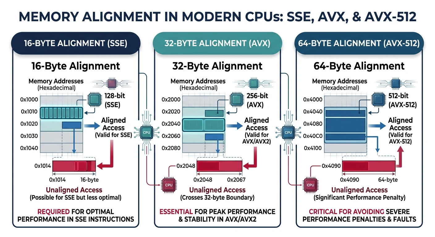 Memory alignment diagram showing 16-byte, 32-byte, and 64-byte aligned addresses for SSE, AVX, and AVX-512