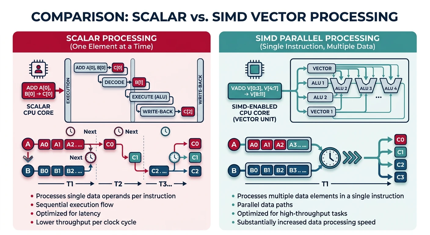 Comparison of scalar processing (one element at a time) versus SIMD parallel processing (multiple elements simultaneously)