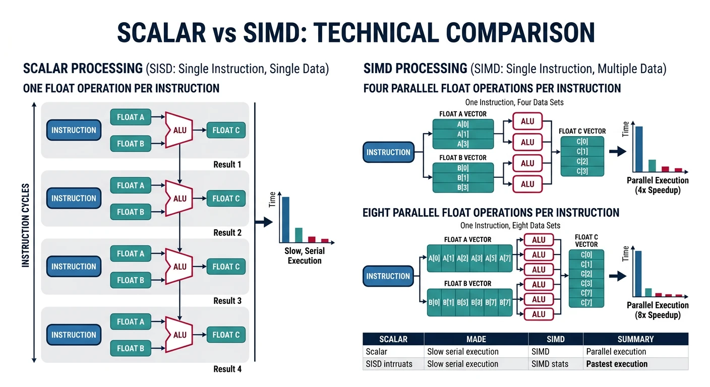 Scalar vs SIMD comparison showing one float vs four/eight parallel float operations per instruction