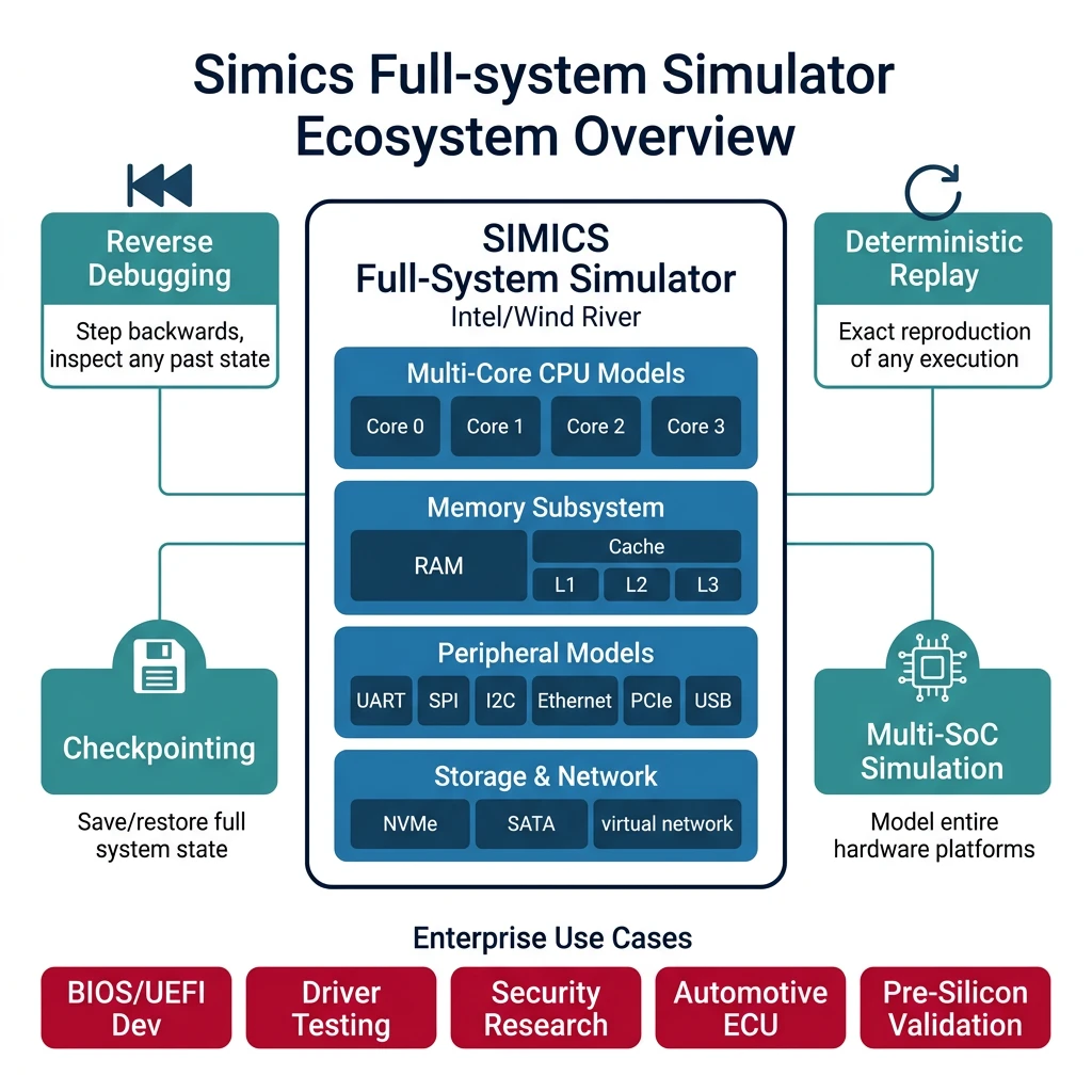 Simics full-system simulator showing CPU, memory, peripherals, and reverse debugging capabilities