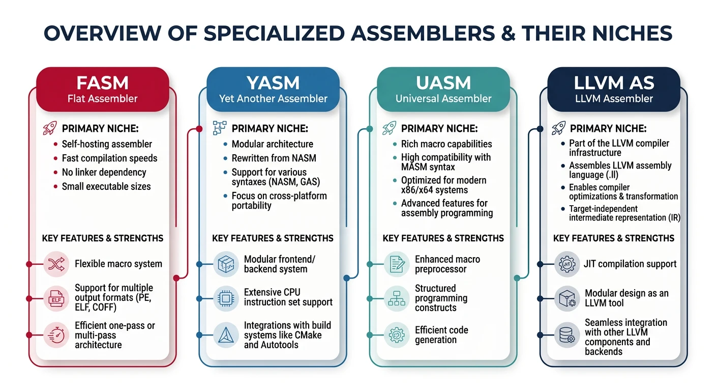 Diagram of specialized assemblers FASM, YASM, UASM, and LLVM AS with their niches