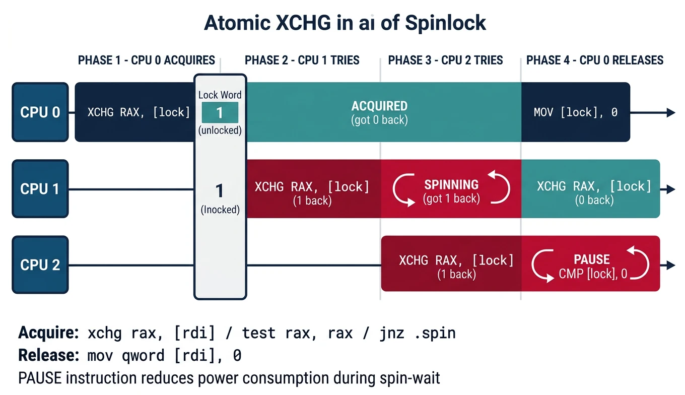 Spinlock acquisition using atomic XCHG showing multi-core contention and lock states