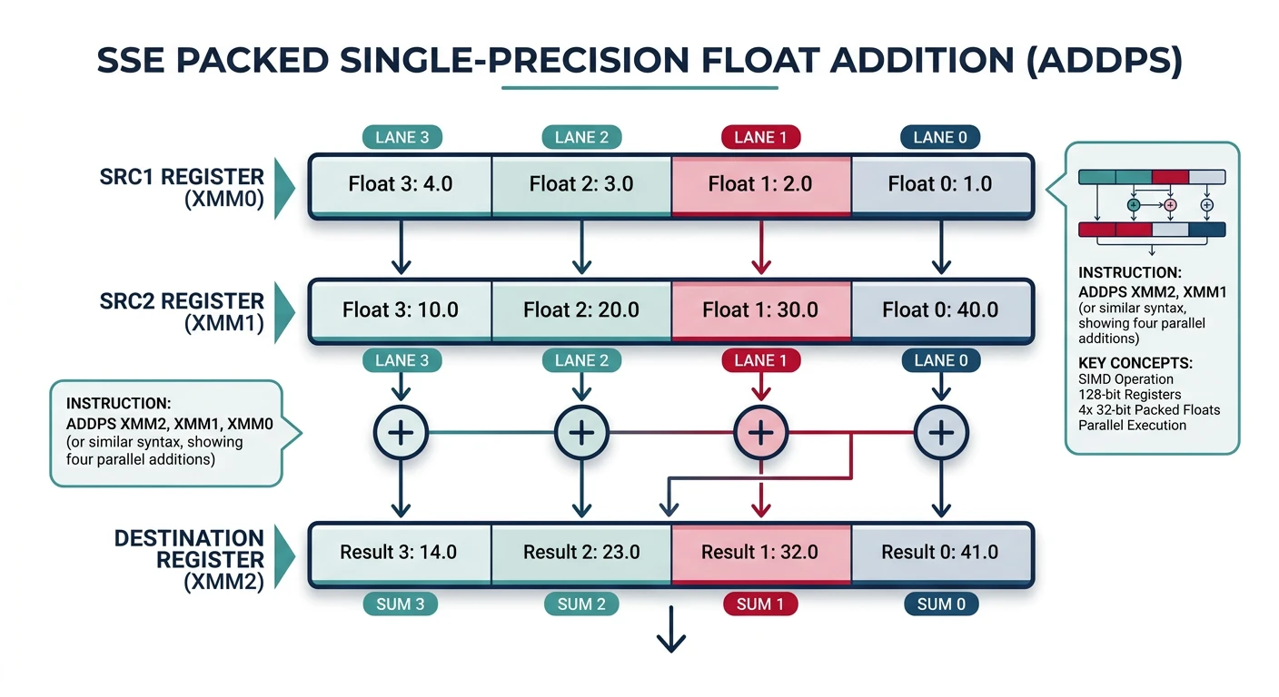 SSE packed float operation showing four parallel additions across XMM register lanes
