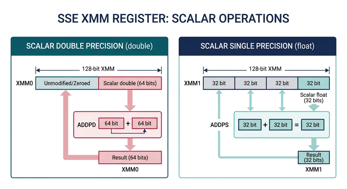 SSE XMM register diagram showing scalar float and double operations in the low lane