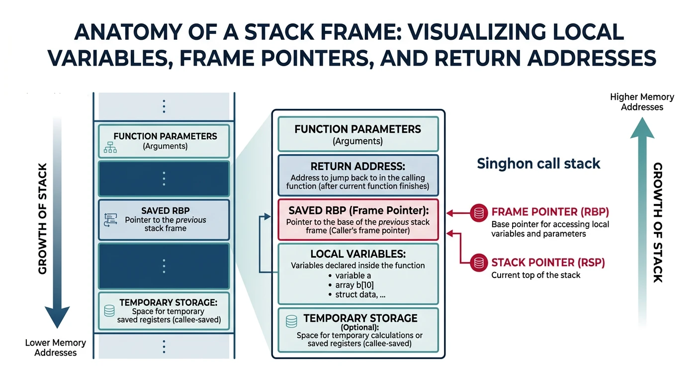 Diagram of a stack frame showing return address, saved RBP, local variables, and frame pointer