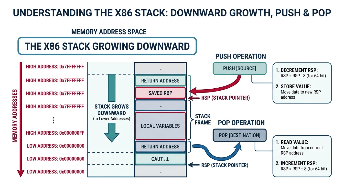 Diagram showing x86 stack growing downward with PUSH decrementing and POP incrementing RSP