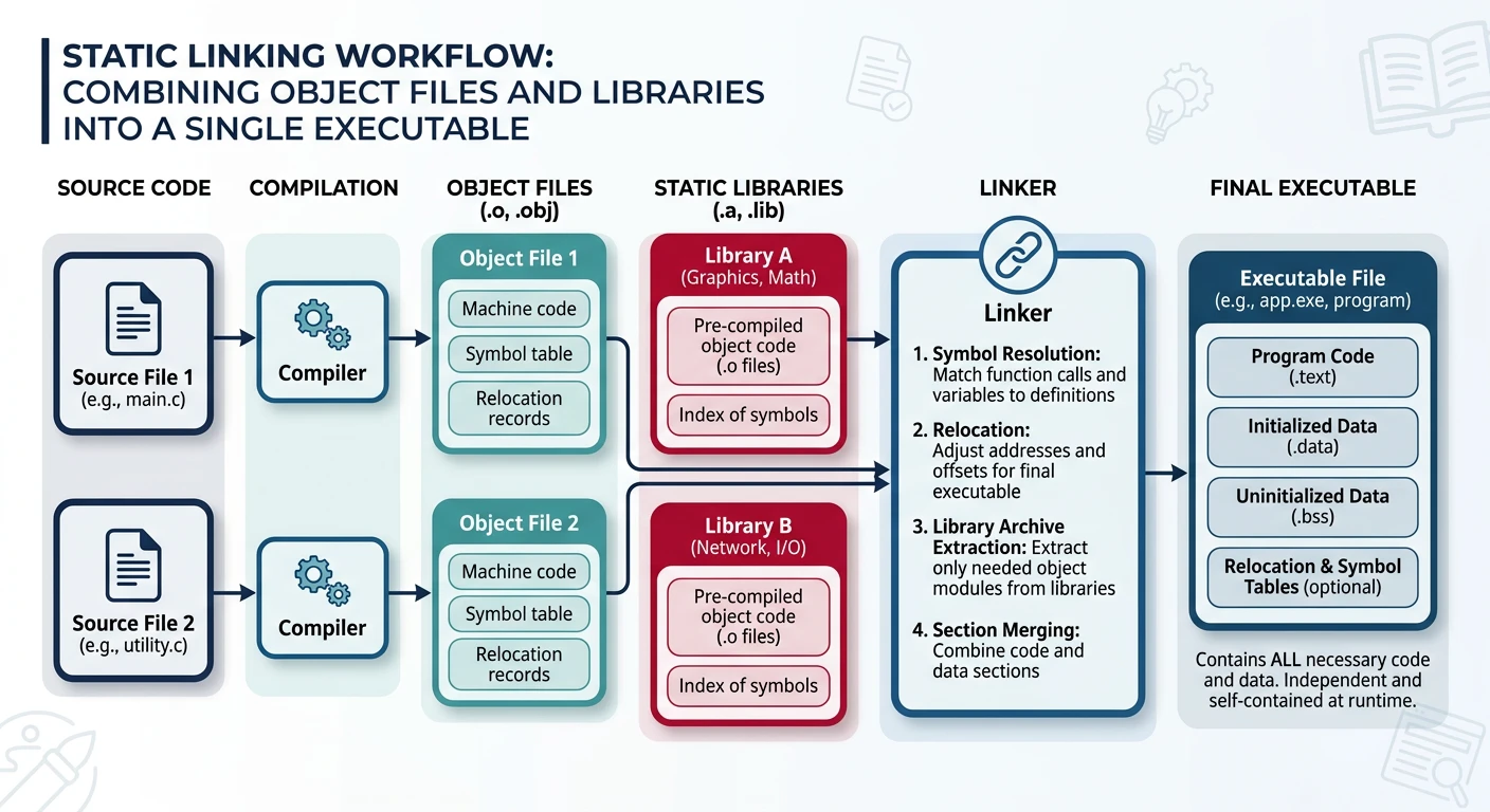 Static linking workflow combining object files and libraries into a single executable