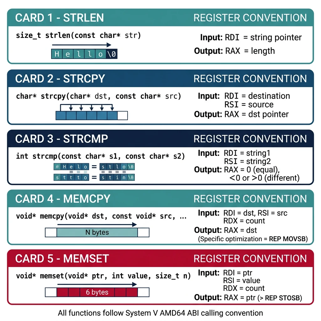 Assembly string library functions: strlen, strcpy, strcmp, memcpy, and memset with register conventions