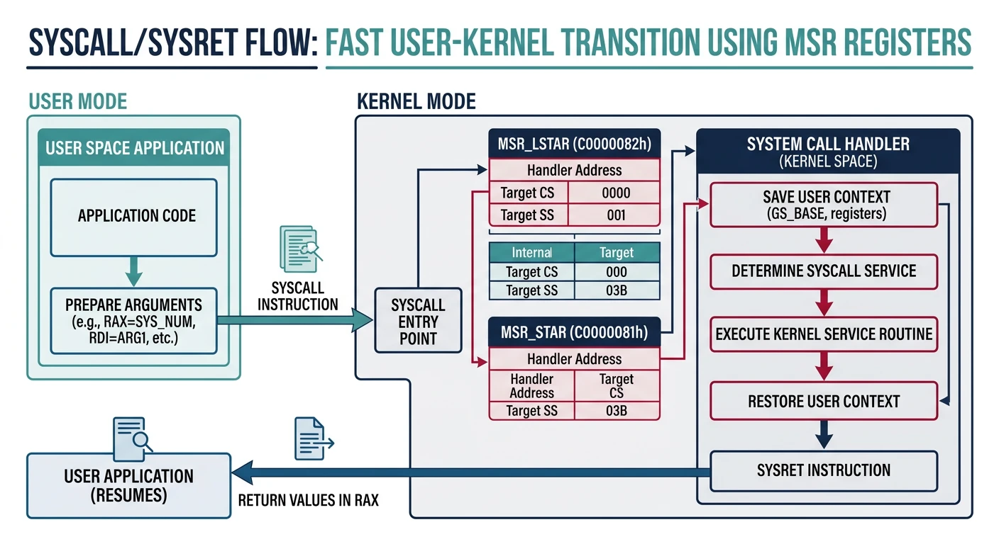 SYSCALL/SYSRET flow diagram showing fast user-to-kernel mode transition using MSR registers