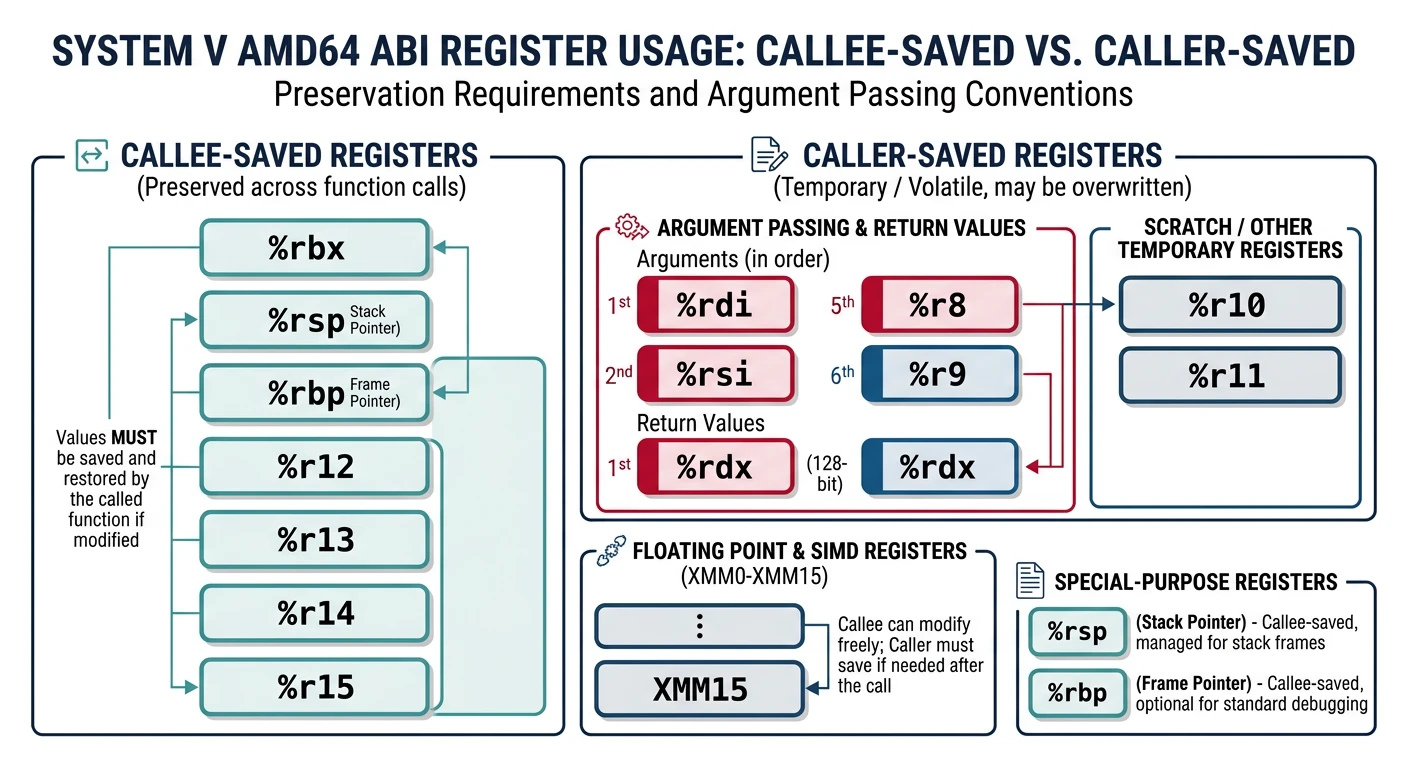 System V AMD64 ABI register usage showing callee-saved vs caller-saved registers