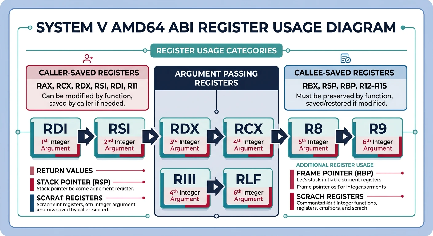 Diagram of System V AMD64 ABI register usage showing argument registers RDI, RSI, RDX, RCX, R8, R9