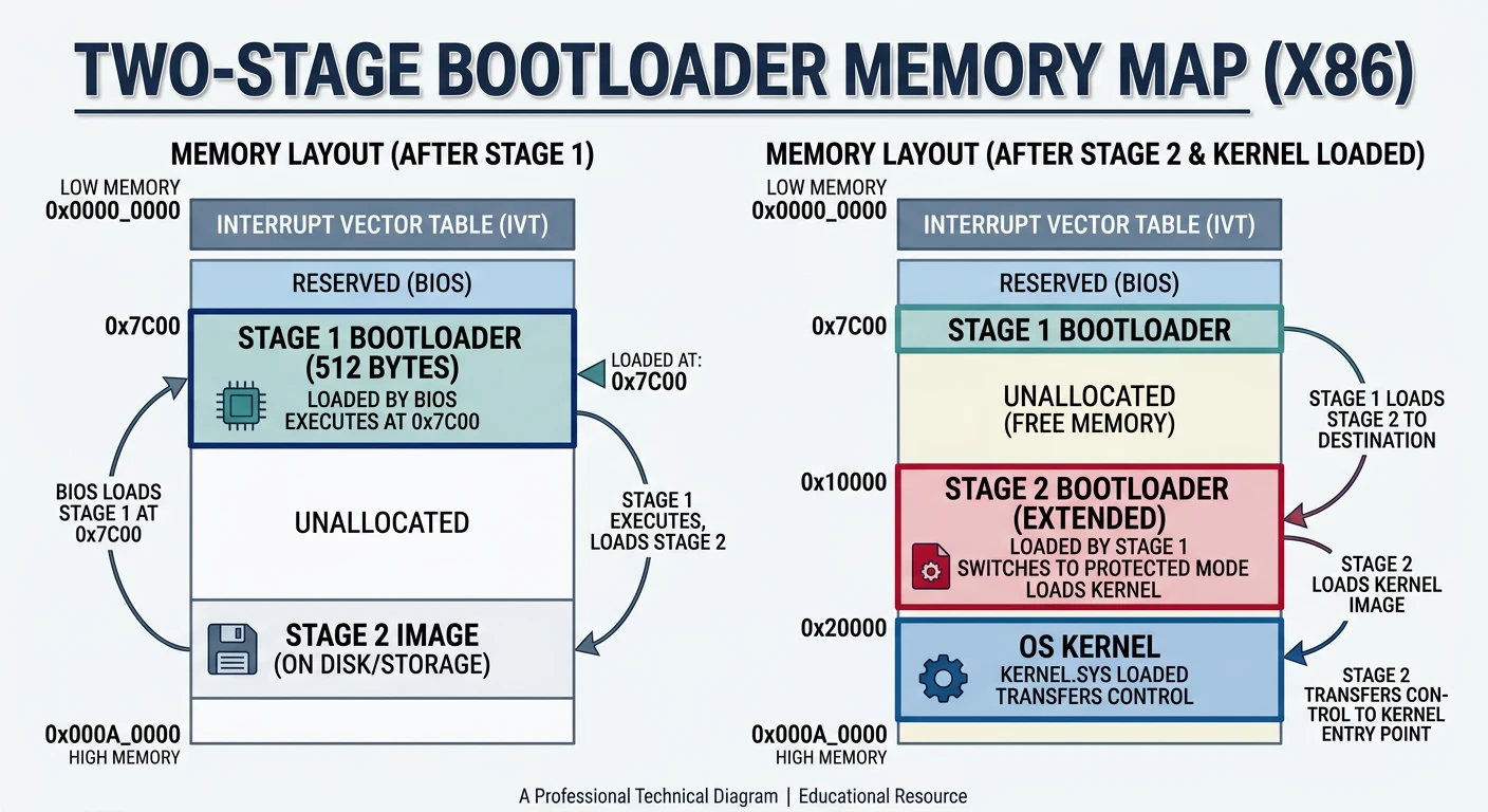 Two-stage bootloader memory map showing Stage 1 at 0x7C00 loading Stage 2 and kernel