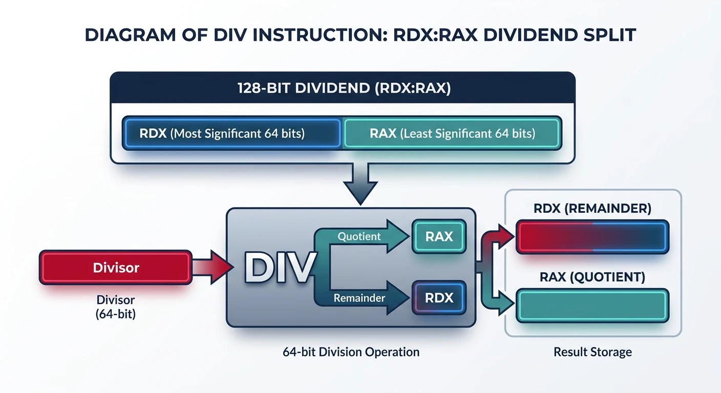 Diagram of DIV instruction showing RDX:RAX dividend split into quotient and remainder
