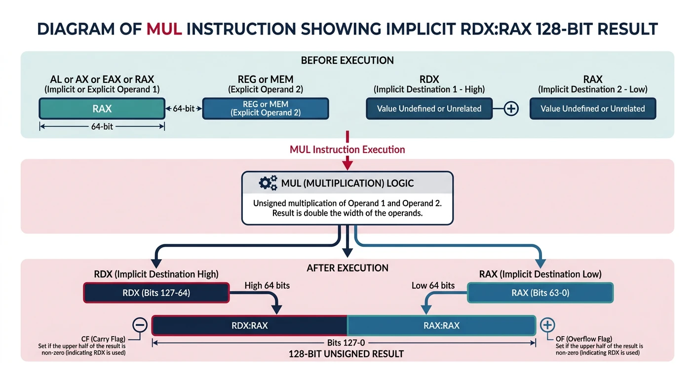 Diagram of MUL instruction showing implicit RDX:RAX 128-bit result