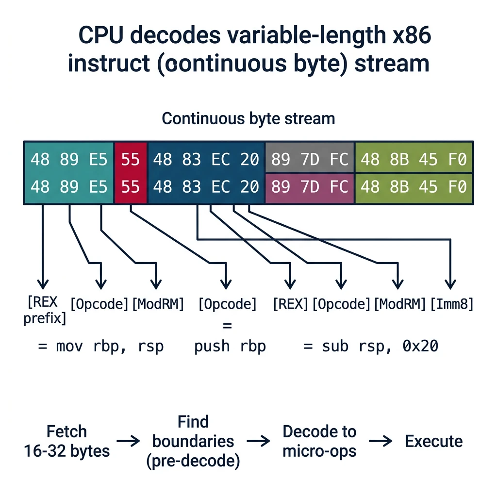 CPU instruction decoder pipeline parsing variable-length x86 instructions from byte stream