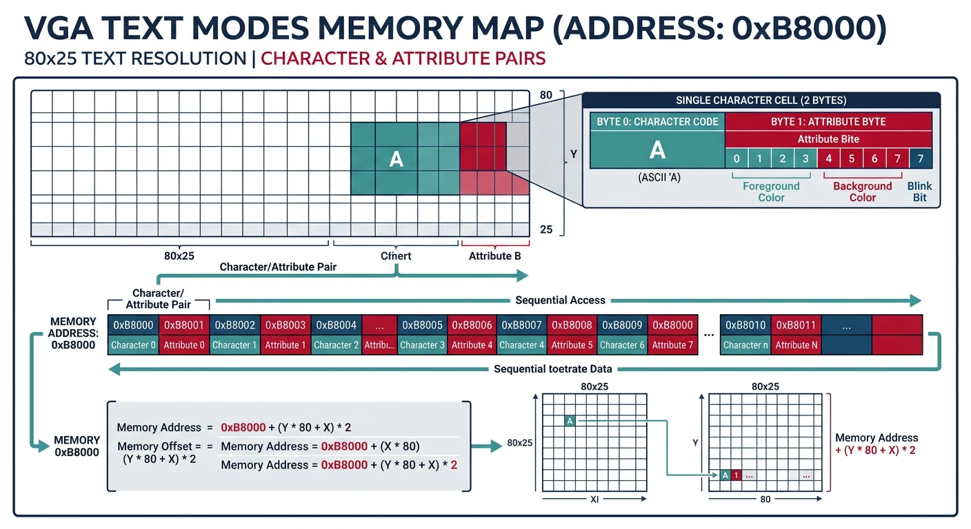 VGA text mode memory map at 0xB8000 showing character/attribute byte pairs across 80x25 grid