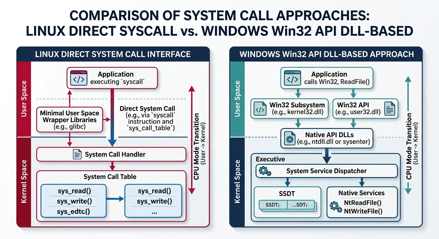 Comparison of Linux direct syscall interface versus Windows Win32 API DLL-based system call approach