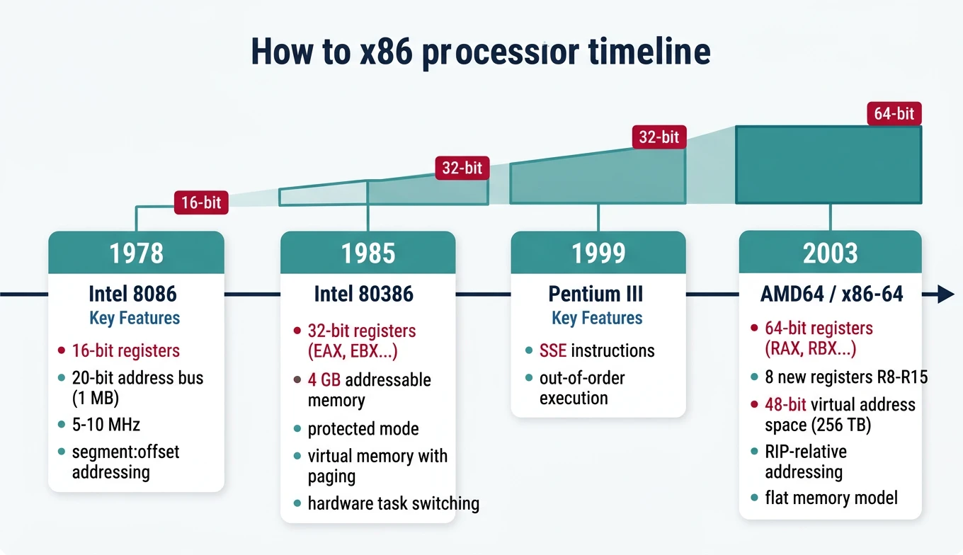 Timeline of x86 processor evolution from 8086 through 80386 to modern x86-64 architecture