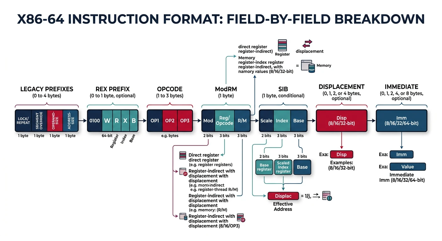 x86 instruction format showing prefixes, REX, opcode, ModRM, SIB, displacement, and immediate fields