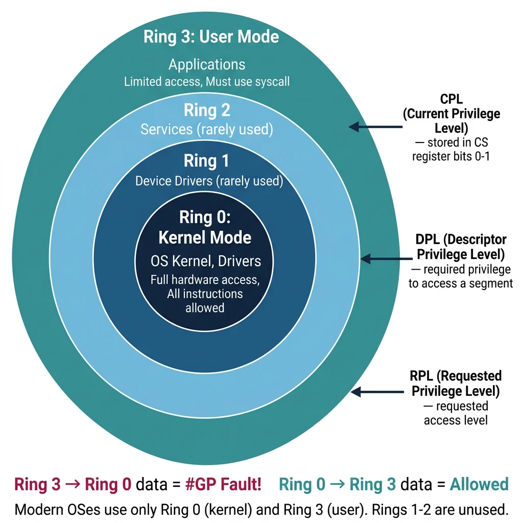x86 privilege rings diagram showing Ring 0 kernel through Ring 3 user mode
