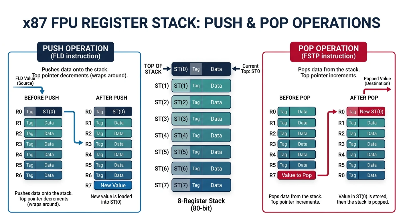 x87 FPU register stack diagram showing ST0 through ST7 with push and pop operations