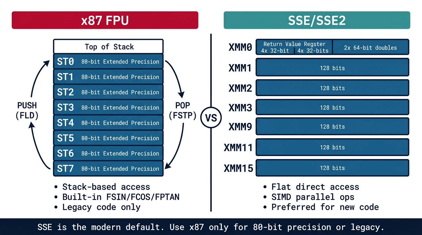 Side-by-side comparison of x87 stack model versus SSE flat register model