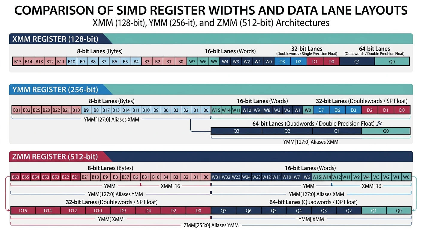 Diagram showing XMM (128-bit), YMM (256-bit), and ZMM (512-bit) register widths and their data lane layouts