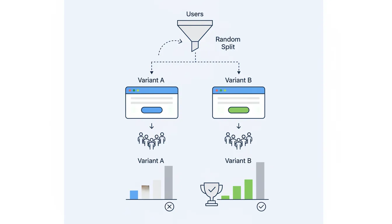 Illustration of an A/B test showing random user assignment to variant A and variant B with metric comparison