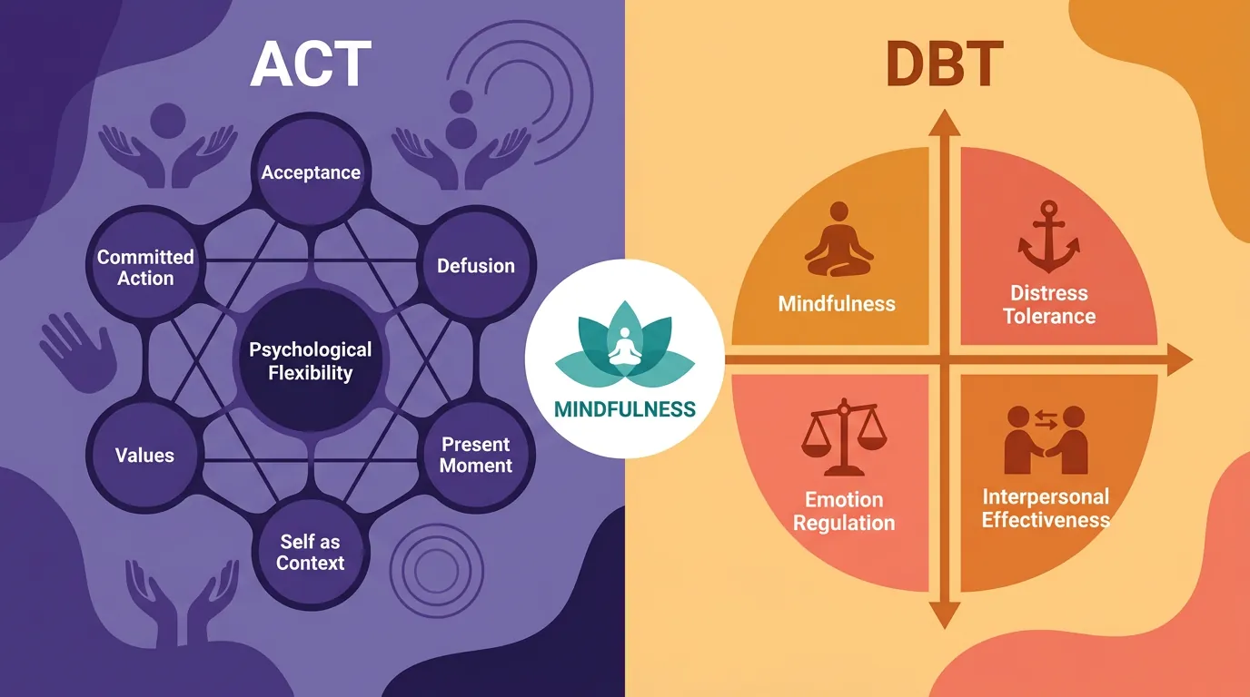 Side-by-side comparison of ACT and DBT approaches to mindfulness and behavior change
