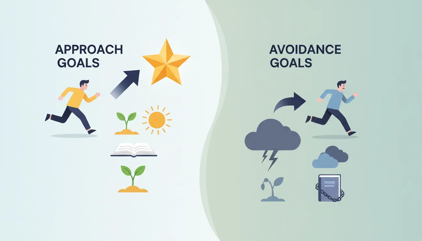 Spectrum diagram contrasting approach goals focused on desired outcomes versus avoidance goals focused on feared outcomes