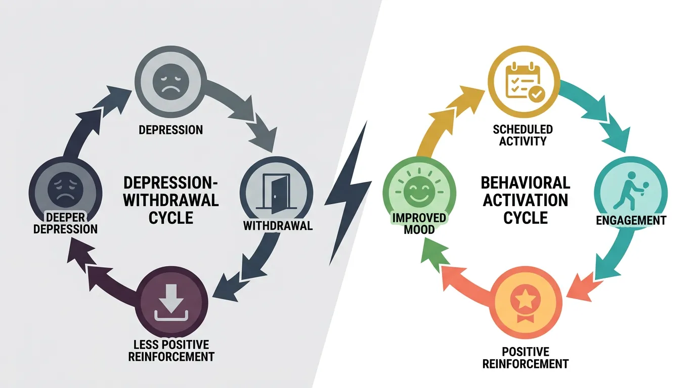 Diagram showing how behavioral activation breaks the depression-withdrawal cycle