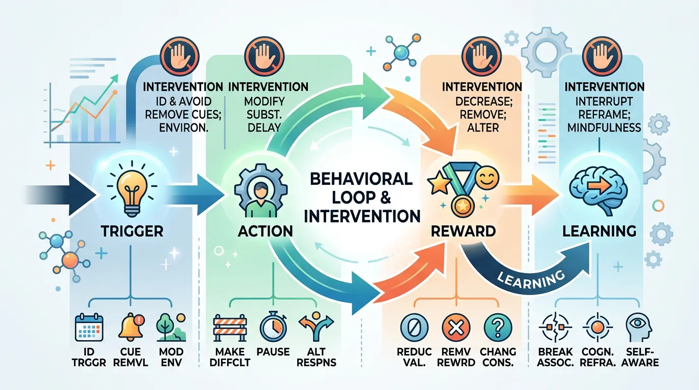 Circular illustration of the behavioral loop showing trigger, action, reward, and learning stages with intervention points