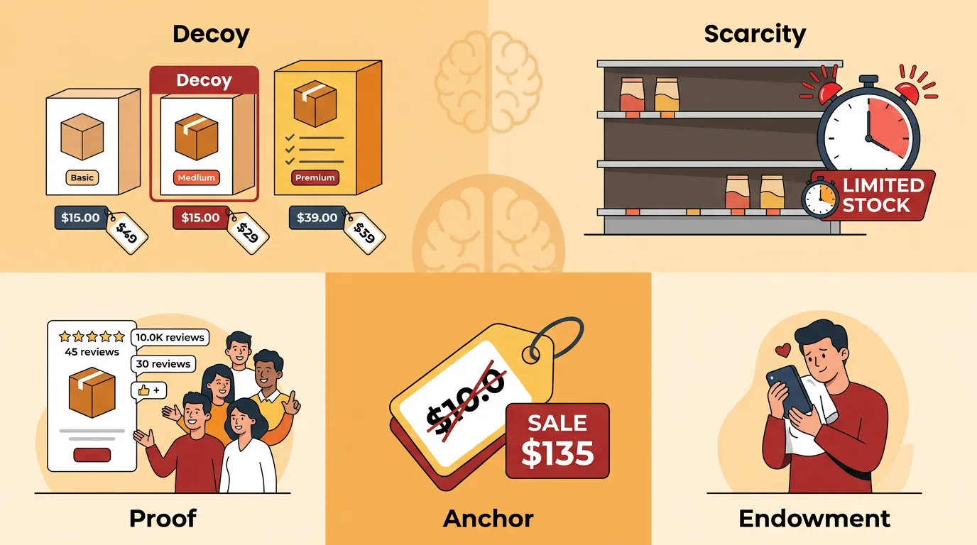 Illustration of behavioral marketing techniques including decoy pricing, scarcity, social proof, and anchoring