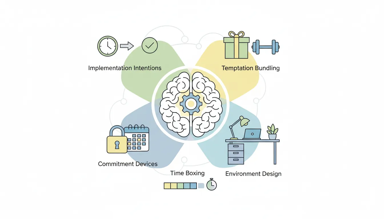 Visual overview of behavioral productivity techniques including implementation intentions, temptation bundling, and environment design