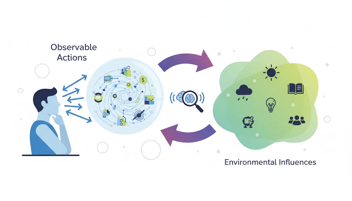 Diagram showing the core components of behavioral psychology including observable actions, environmental factors, and their interactions
