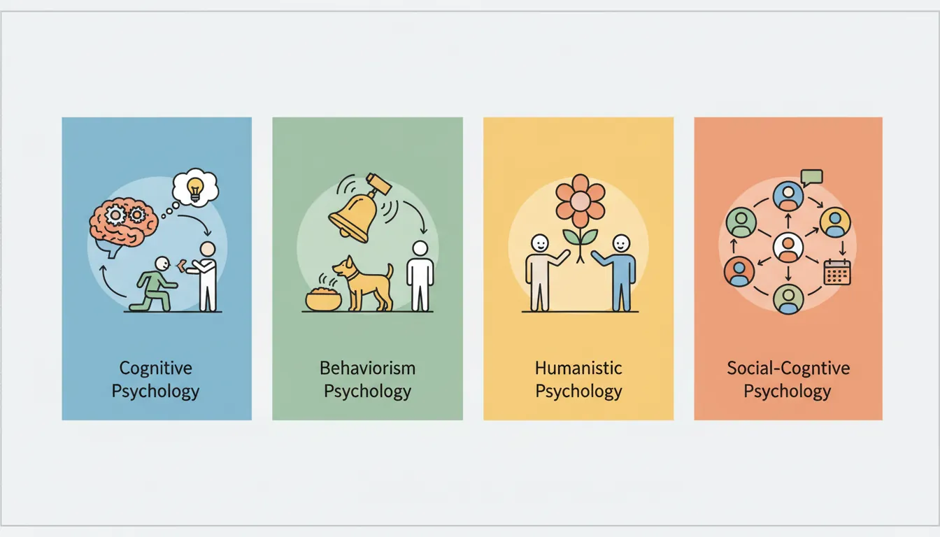 Comparison chart of major behavioral psychology schools including behaviorism, cognitive psychology, social psychology, and evolutionary psychology
