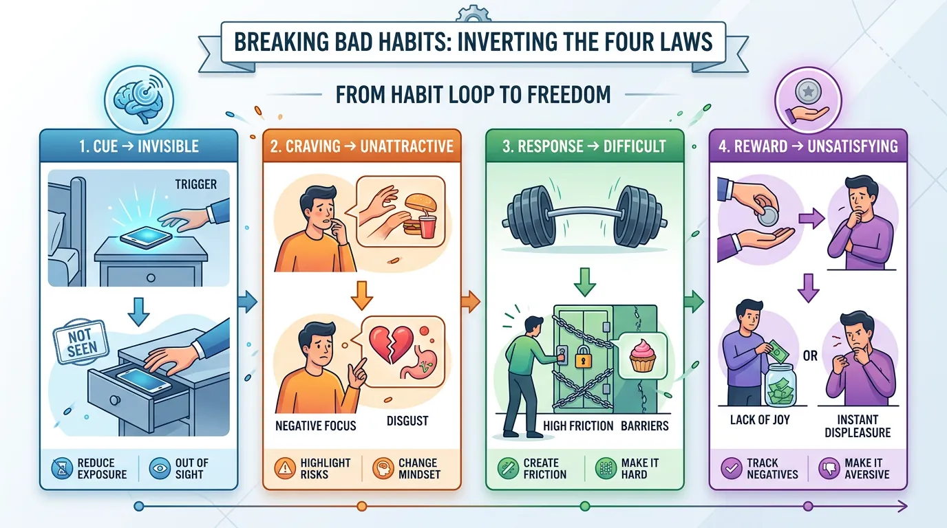 Diagram showing the inverted four laws for breaking bad habits: make it invisible, unattractive, difficult, and unsatisfying