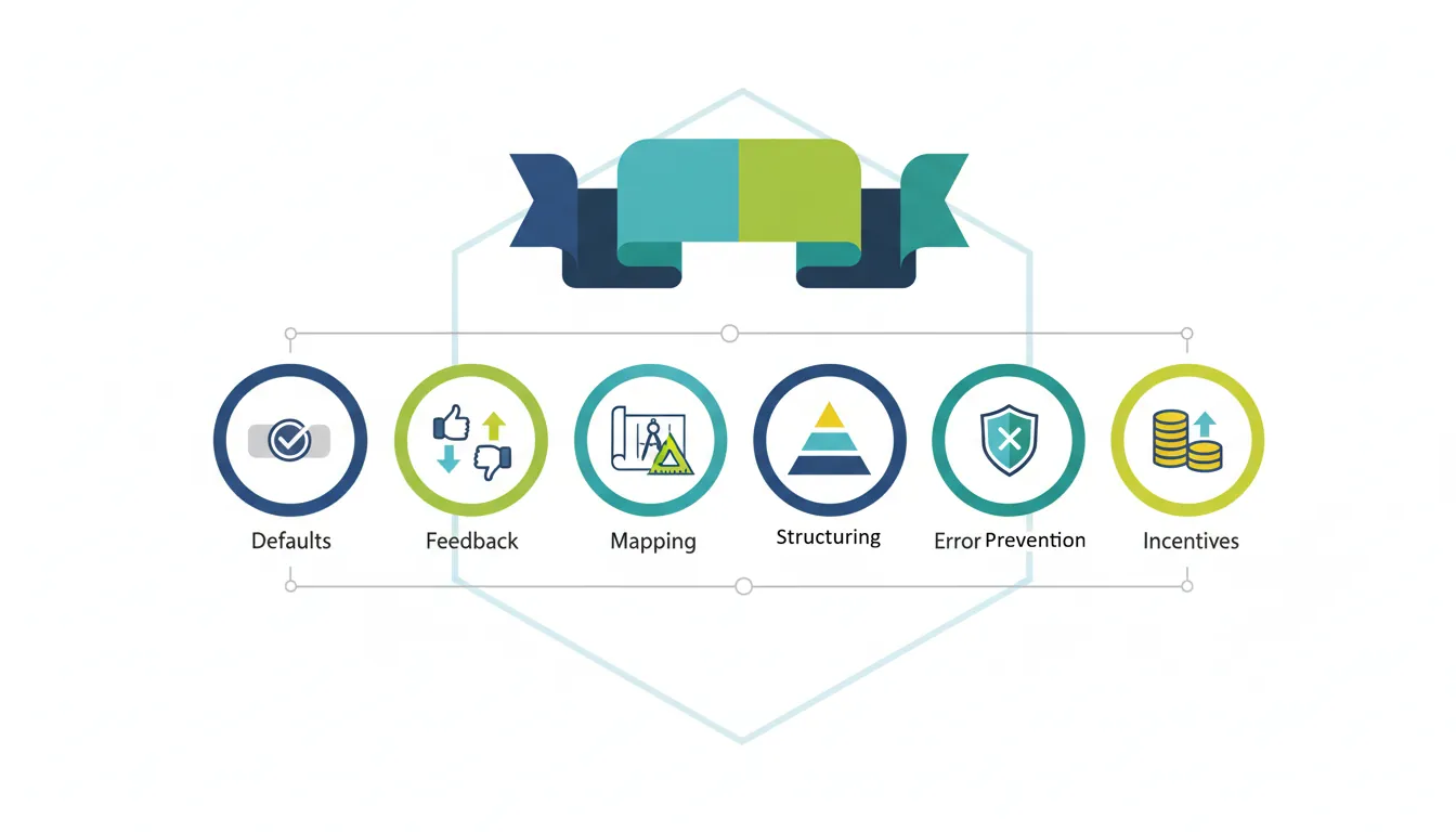 Framework diagram showing the six key elements of choice architecture: defaults, feedback, mapping, structuring, error prevention, and incentives