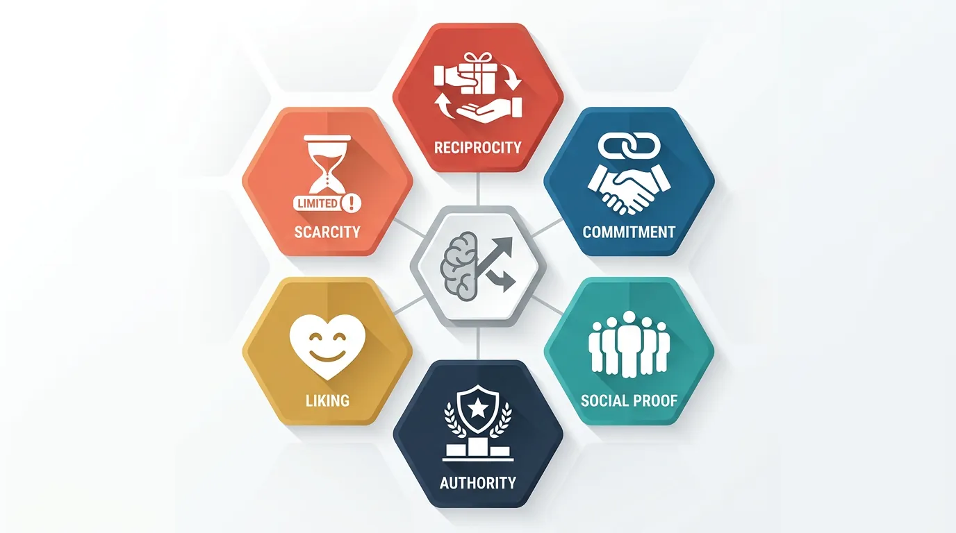 Hexagonal diagram of Cialdini's six principles of influence: reciprocity, commitment, social proof, authority, liking, and scarcity