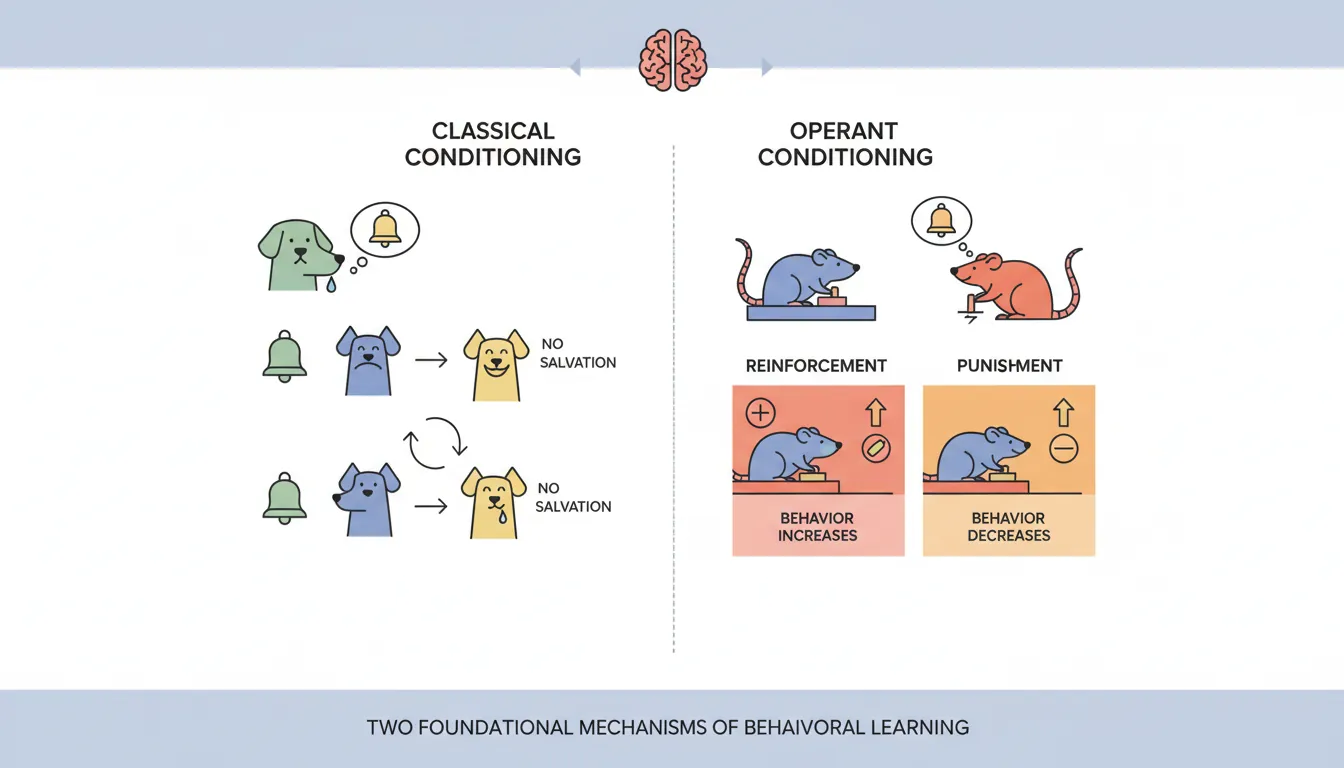 Diagram comparing classical conditioning stimulus-response pathways with operant conditioning reinforcement quadrants