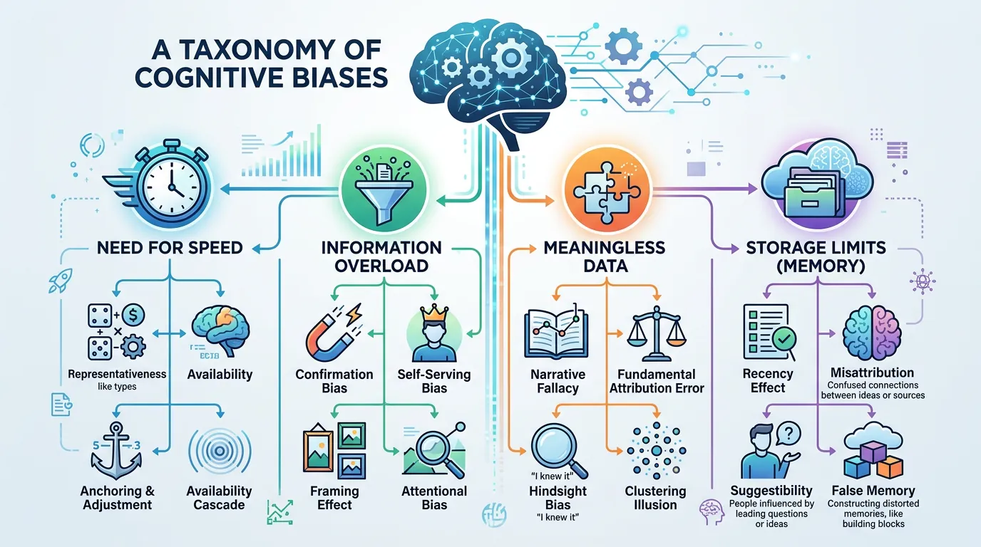 Taxonomy map of common cognitive biases organized by category including memory, social, and decision biases