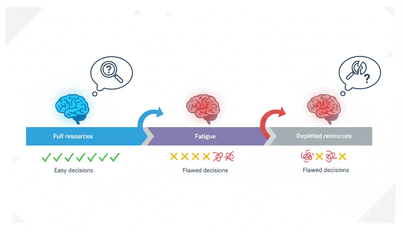 Graph showing decision quality declining over time as mental resources deplete throughout the day