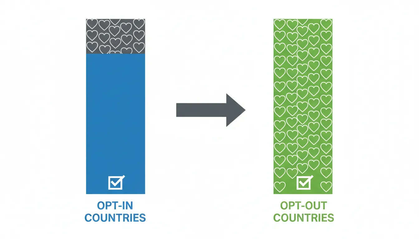 Bar chart comparing organ donation consent rates between opt-in and opt-out countries demonstrating default power