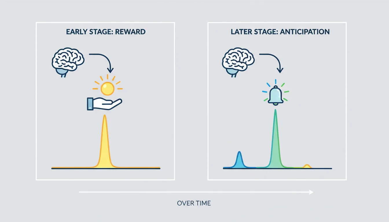 Timeline illustration showing how dopamine response shifts from reward to cue anticipation as habits form