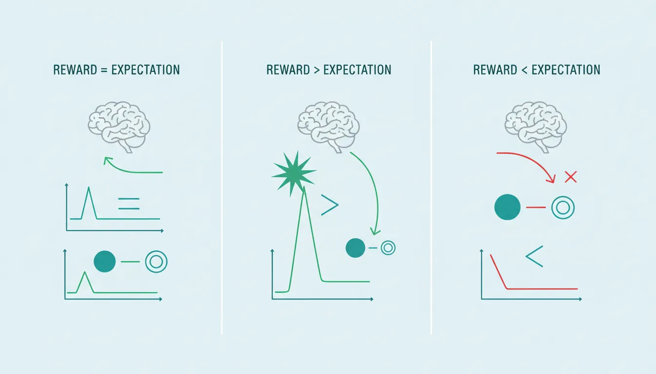 Diagram showing dopamine response patterns during expected, unexpected, and missing rewards