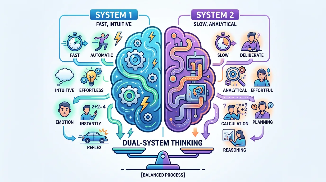 Brain diagram illustrating System 1 fast intuitive processing versus System 2 slow analytical processing