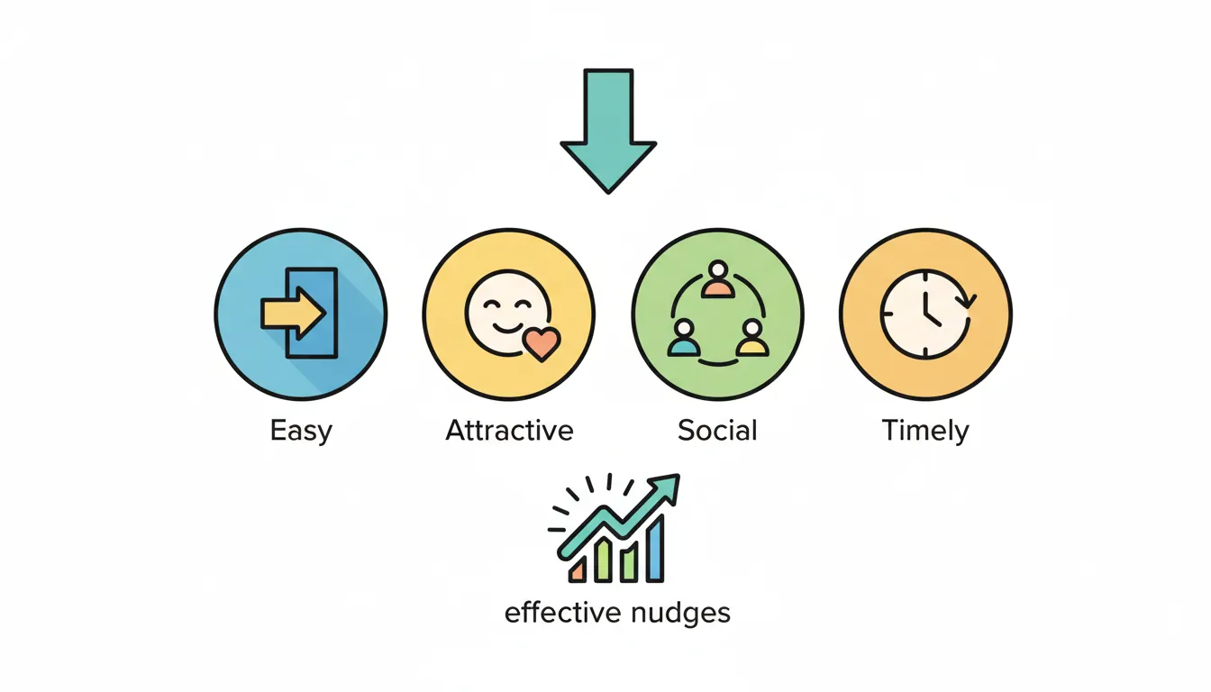 Quadrant diagram of the EAST framework showing Easy, Attractive, Social, and Timely principles for nudge design