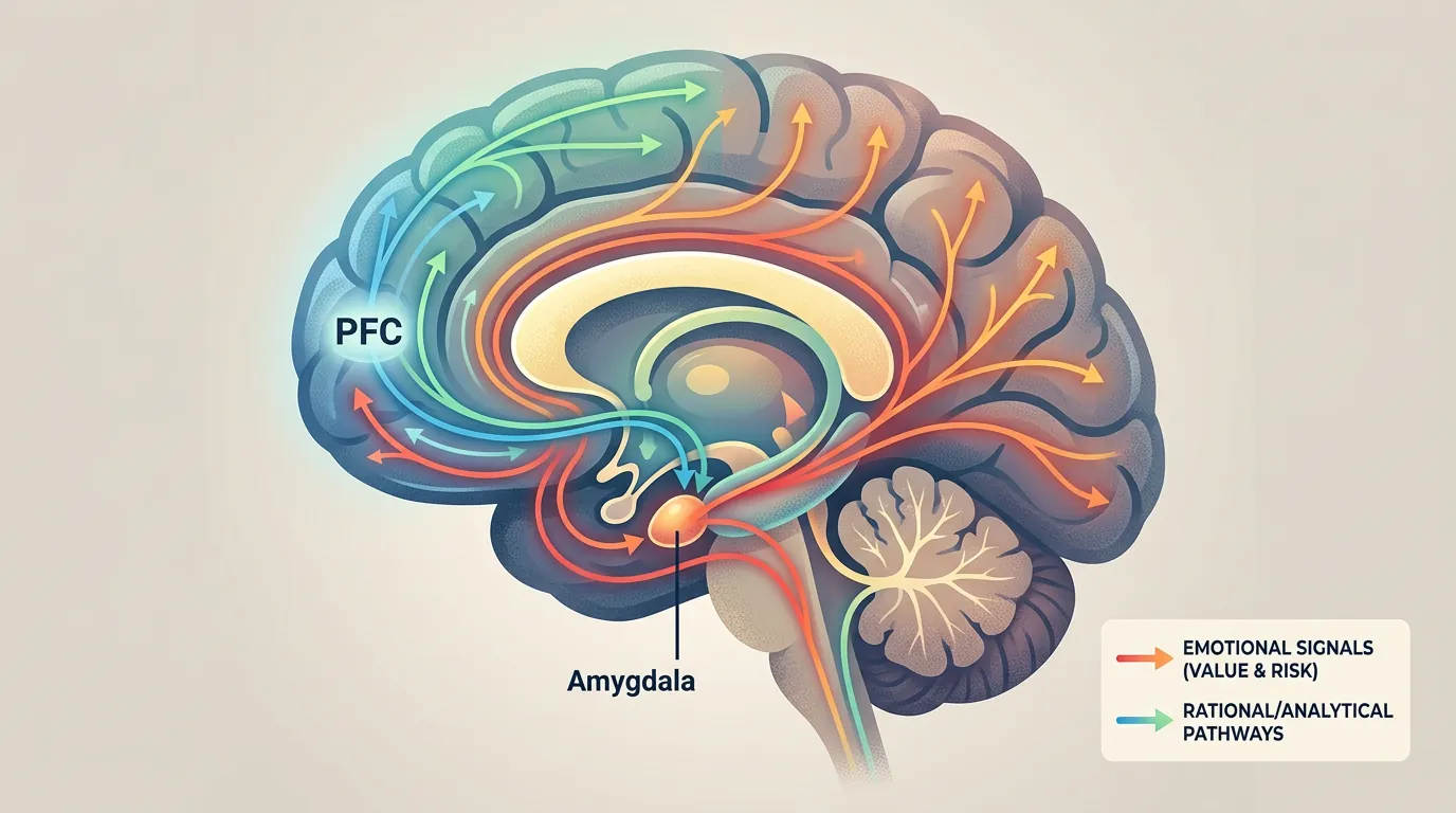 Illustration of brain pathways connecting emotional processing regions to decision-making centers